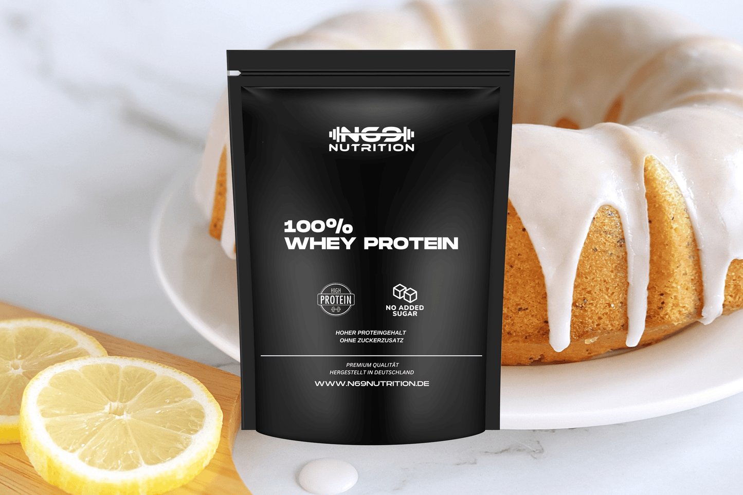 N69 NUTRITION Whey Protein Zitronenkuchen Made in Germany 1kg – Süßer Zitronenkuchen-Geschmack für dein Eiweißpulver.